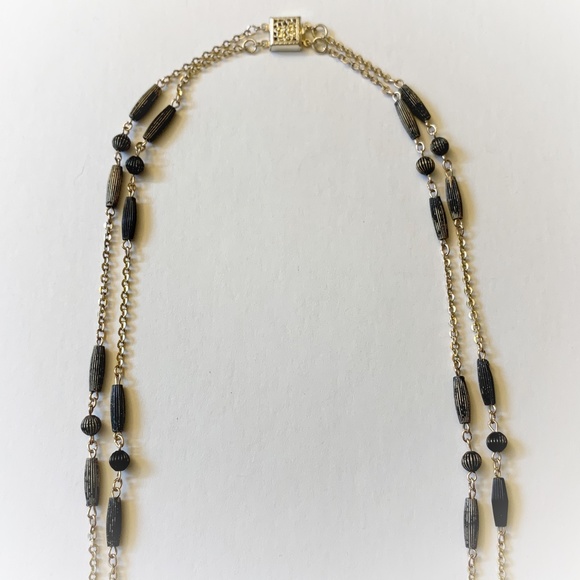 VTG Deco Style Gold Wash Sterling Black Bead Double Strand Necklace - Picture 5 of 15